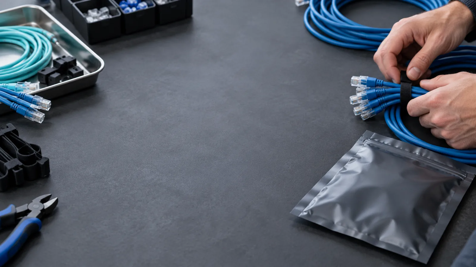 Illustrative preparation of network cables and protective packaging.