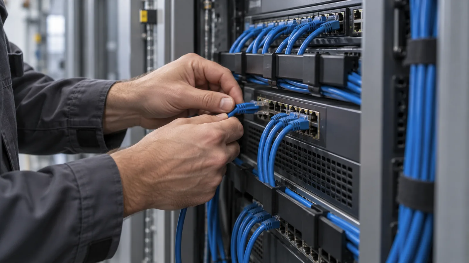 Illustration of a technician connecting an Ethernet cable.