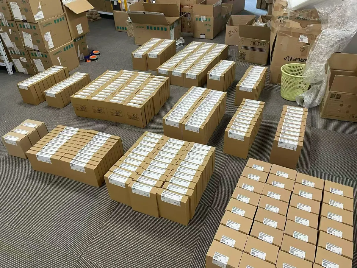 Labelled product cartons arranged in groups in the warehouse